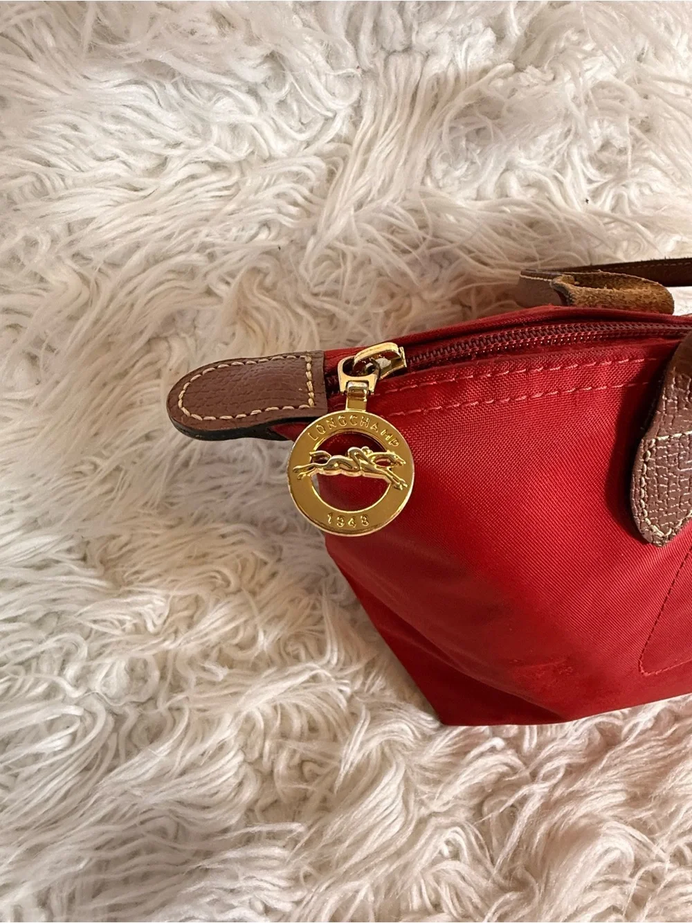 Original Longchamp Red Nylon Tote with Brown Leather Trim small